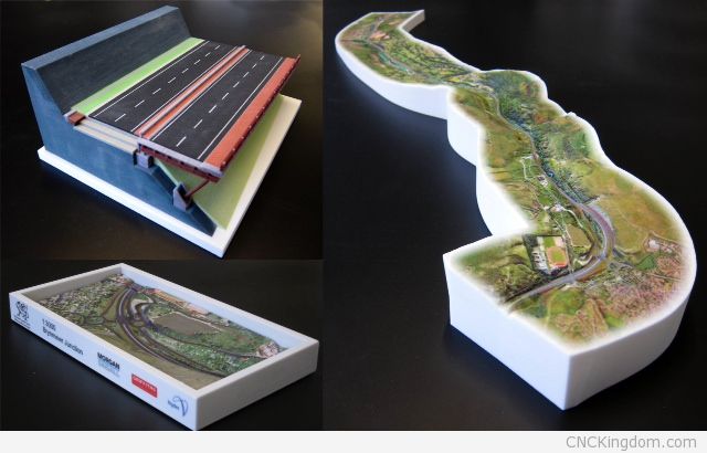 ZCorp 3d models designed, printed and and built by myself for a client for a motorway proposal/bid. Data was obtained as a point cloud for terrain, 2D plans for motorway section. Everything else I did basically including image mapping.