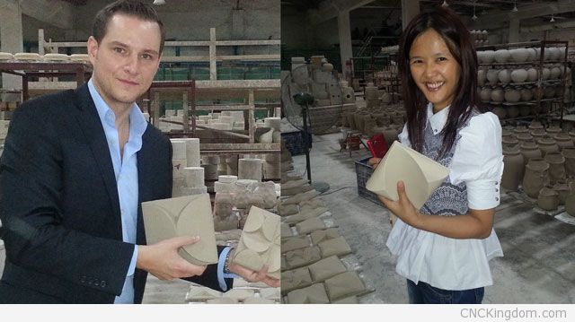 Anny Ma - Executive Creative Director and Remi Basior finalizing Tempus 3D innovative wall tile manufacturing details in Chaozhou, China