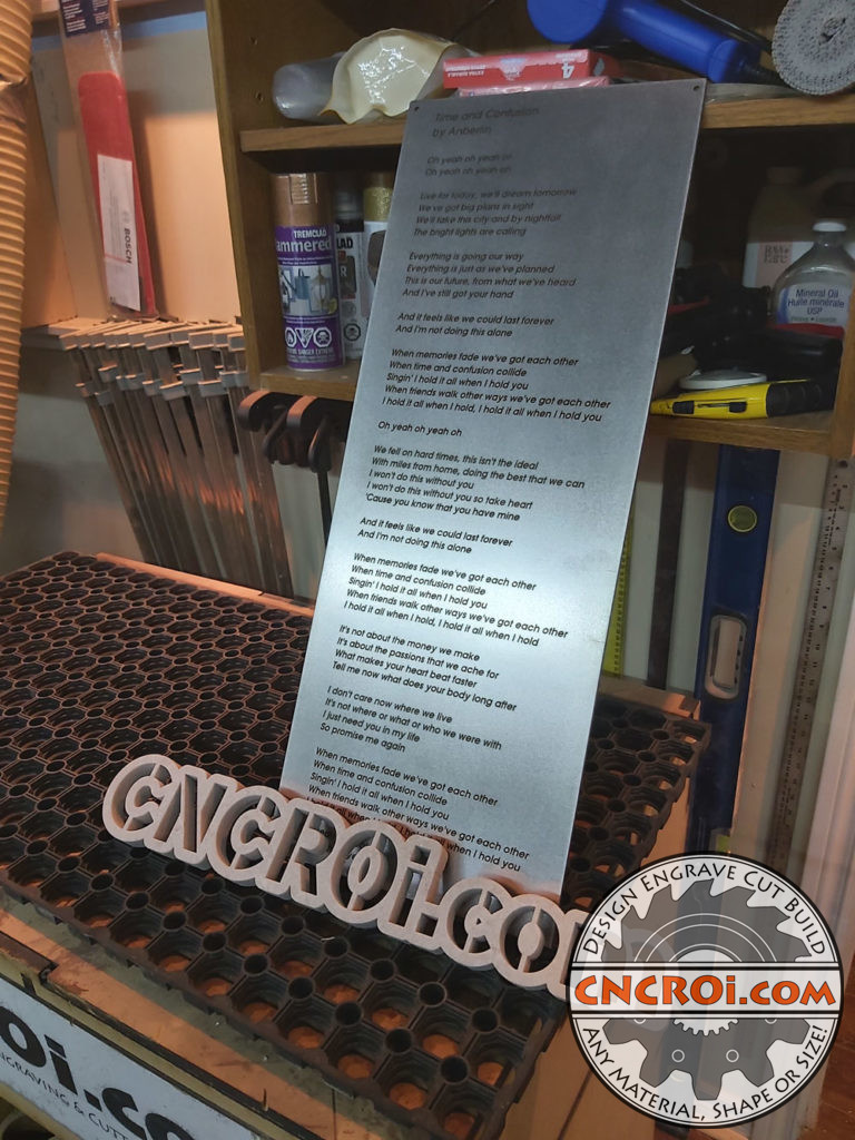 Stainless Steel Lyric Sheet: Plasma Cut Fiber Etched
